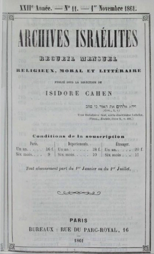 Archives israélites de France. Vol.22 N°11 (noembre 1861)